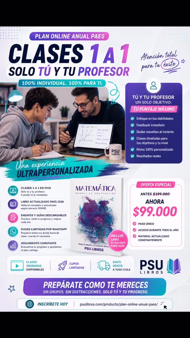 Preu online ultra personalizado, clases 1 a 1. Solo tú y tu profesor 🤯🤯🤯📚✨ Prepárate para la PAES con clases realmente hechas para ti.En nuestro Plan Online Anual PAES trabajas directamente con tu profesor en modalidad 1 a 1, enfocándonos en tus debilidades, tu ritmo y tus objetivos. 🚀✅ Clases individuales en vivo
✅ Atención ultrapersonalizada
✅ Libro actualizado PAES 2026 incluido
✅ Ensayos y guías descargables
✅ Seguimiento constante
✅ Resolución de dudas por WhatsApp🎯 Sin grupos. Sin distracciones. Solo tú y tu progreso.💥 Oferta especial: $99.000
📦 Envío gratis a todo Chile