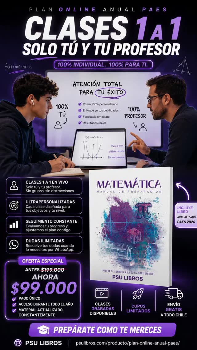 Preu online ultra personalizado, clases 1 a 1. Solo tú y tu profesor 🤯🤯🤯📚✨ Prepárate para la PAES con clases realmente hechas para ti.En nuestro Plan Online Anual PAES trabajas directamente con tu profesor en modalidad 1 a 1, enfocándonos en tus debilidades, tu ritmo y tus objetivos. 🚀✅ Clases individuales en vivo
✅ Atención ultrapersonalizada
✅ Libro actualizado PAES 2026 incluido
✅ Ensayos y guías descargables
✅ Seguimiento constante
✅ Resolución de dudas por WhatsApp🎯 Sin grupos. Sin distracciones. Solo tú y tu progreso.💥 Oferta especial: $99.000
📦 Envío gratis a todo Chile