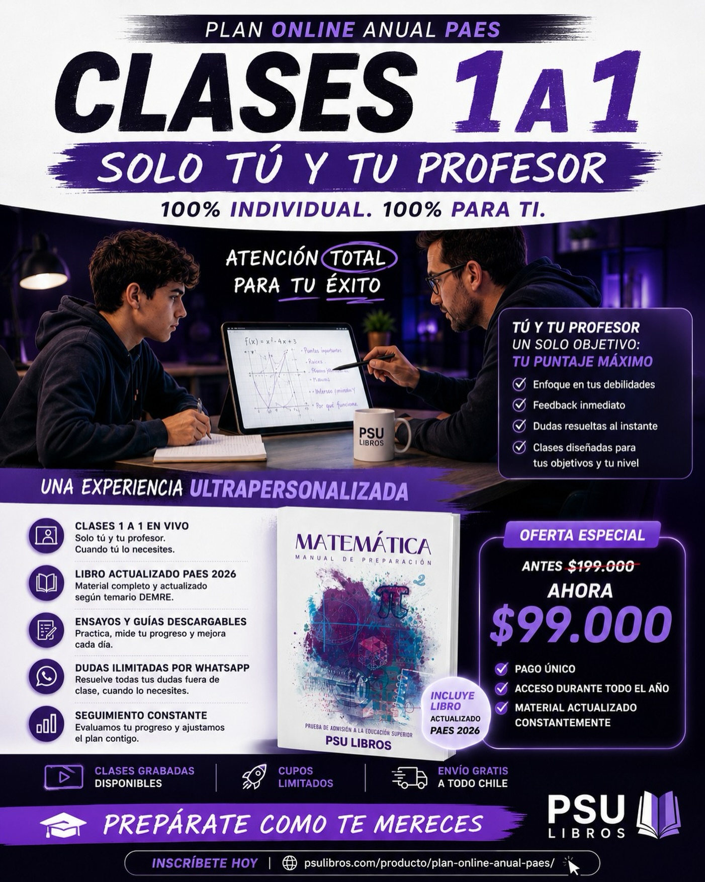 Preu online ultra personalizado, clases 1 a 1. Solo tú y tu profesor 🤯🤯🤯📚✨ Prepárate para la PAES con clases realmente hechas para ti.En nuestro Plan Online Anual PAES trabajas directamente con tu profesor en modalidad 1 a 1, enfocándonos en tus debilidades, tu ritmo y tus objetivos. 🚀✅ Clases individuales en vivo
✅ Atención ultrapersonalizada
✅ Libro actualizado PAES 2026 incluido
✅ Ensayos y guías descargables
✅ Seguimiento constante
✅ Resolución de dudas por WhatsApp🎯 Sin grupos. Sin distracciones. Solo tú y tu progreso.💥 Oferta especial: $99.000
📦 Envío gratis a todo Chile