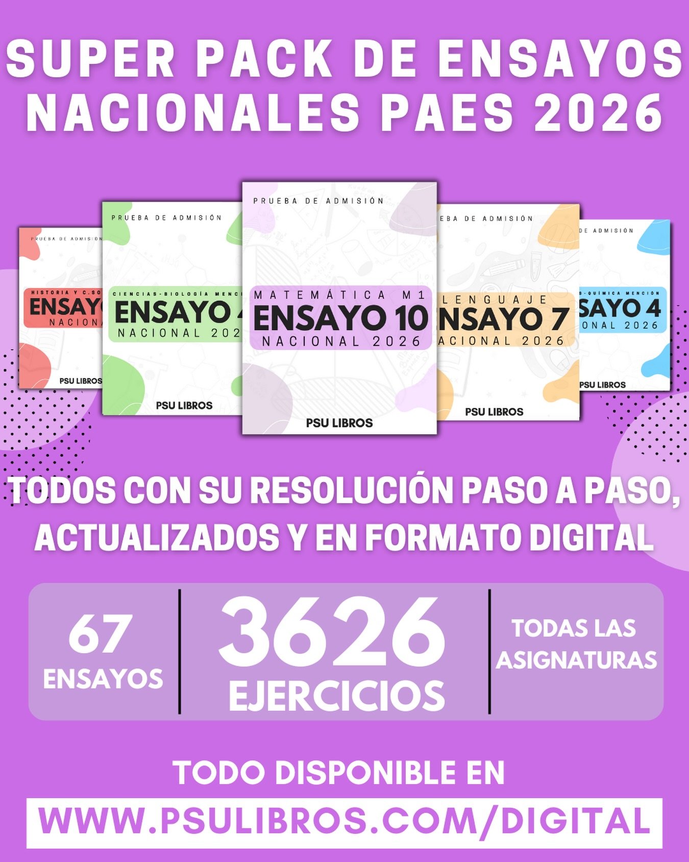 ¡Prepárate para tu PAES como nunca!
Más de 20 libros
Más de 70 ensayos resultos paso a paso
Resúmenes completos de toda la materia
Todo en www.psulibros.com
Paga fácil con Transbank, Transferencia o Flow Webpay.