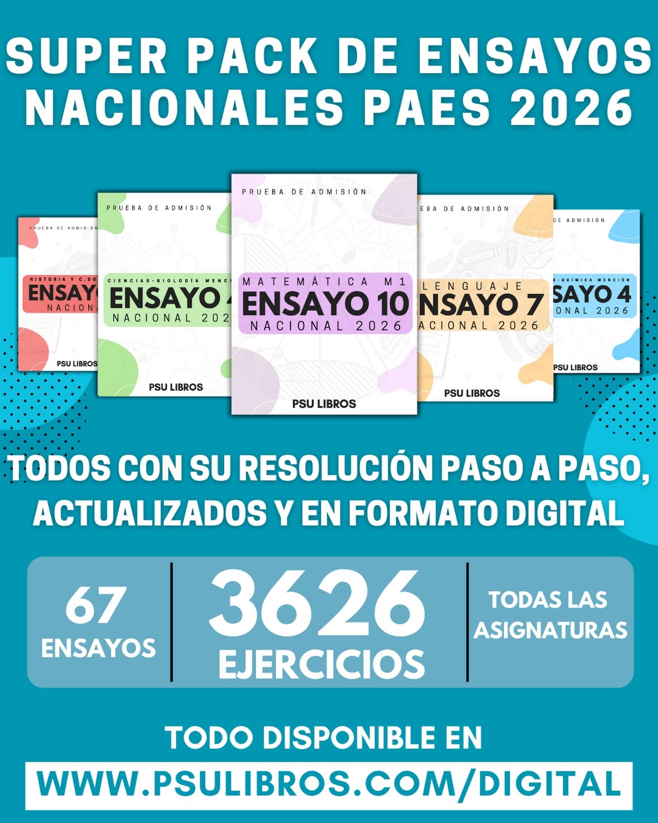 ¡Prepárate para tu PAES como nunca!
Más de 20 libros
Más de 70 ensayos resultos paso a paso
Resúmenes completos de toda la materia
Todo en www.psulibros.com
Paga fácil con Transbank, Transferencia o Flow Webpay.