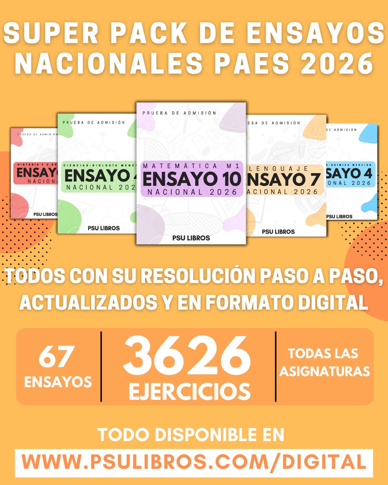 ¡Prepárate para la PAES con todo lo que necesitas!
Más de 20 libros, +70 ensayos resueltos paso a paso y resúmenes completos de cada materia te esperan en
www.psulibros.com
Paga fácil y seguro con Transbank, transferencia o Flow
Webpay.
¿Listo para asegurar tu puntaje?