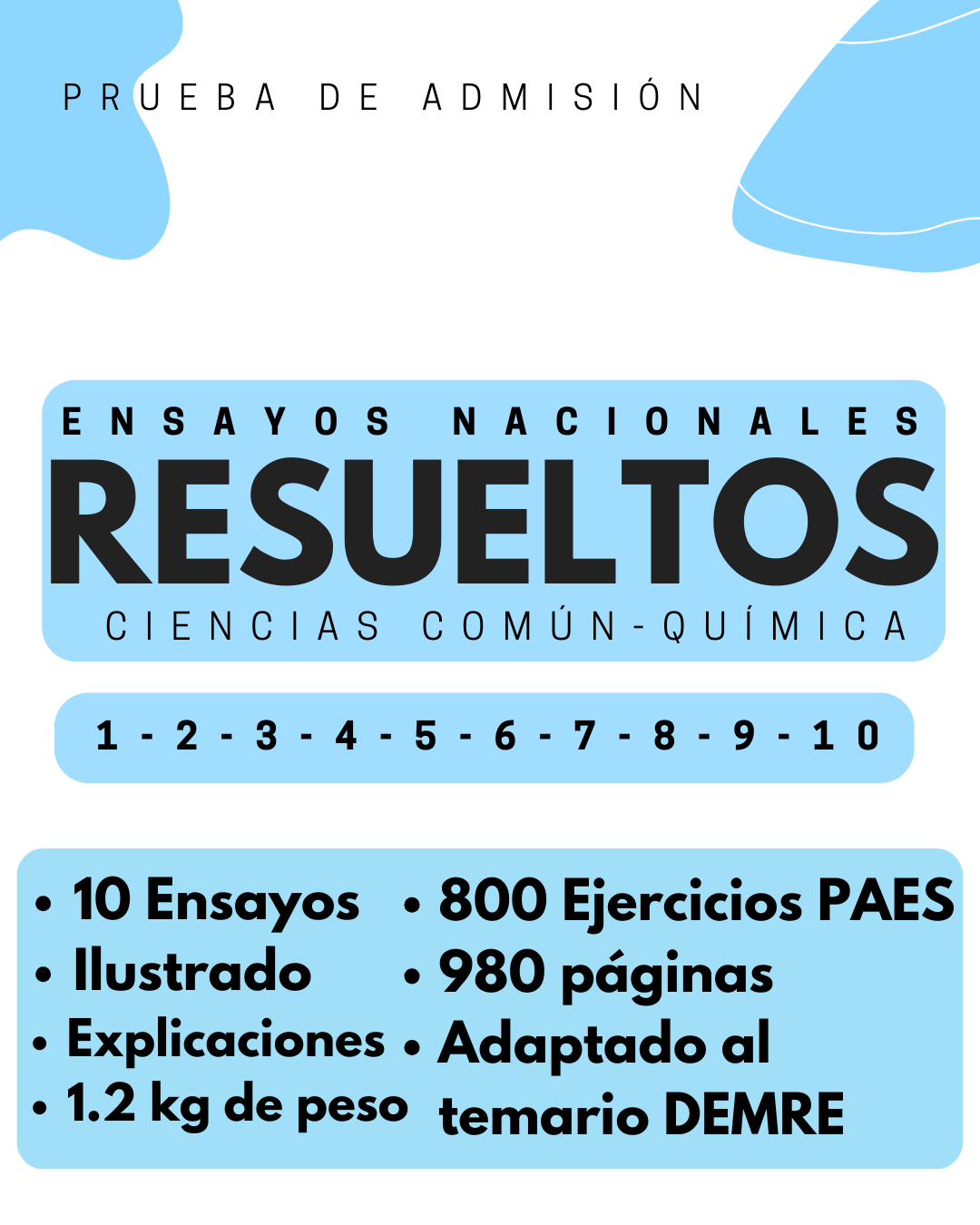 Ensayos nacionales RESUELTOS PAES de CIENCIAS COMÚN + Química mención (10 ensayos) - IMPRESO