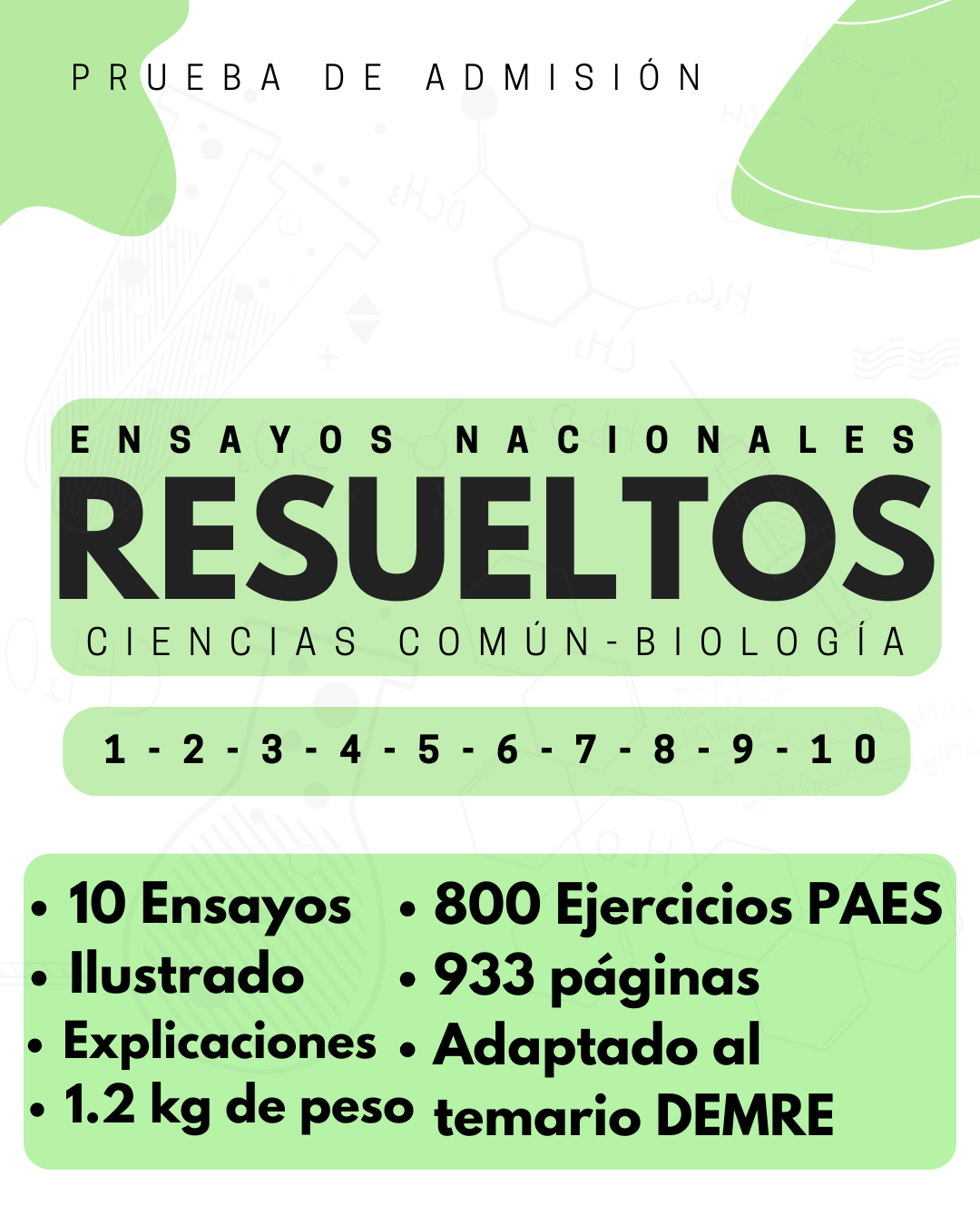 Ensayos nacionales RESUELTOS PAES de CIENCIAS COMÚN + Biología mención (10 ensayos) - IMPRESO